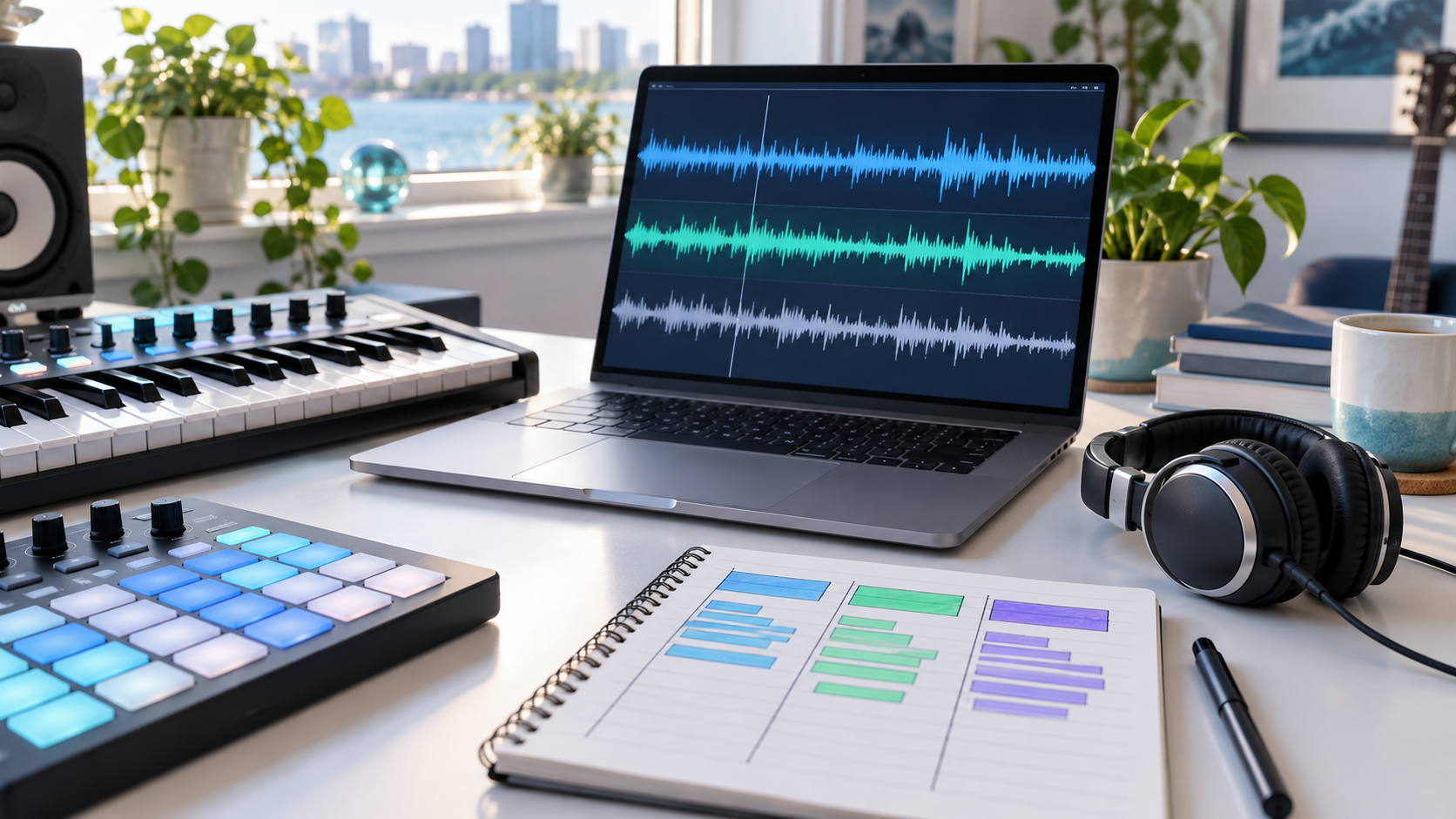 トラック構成と音を確認する音楽制作デスクのイメージ