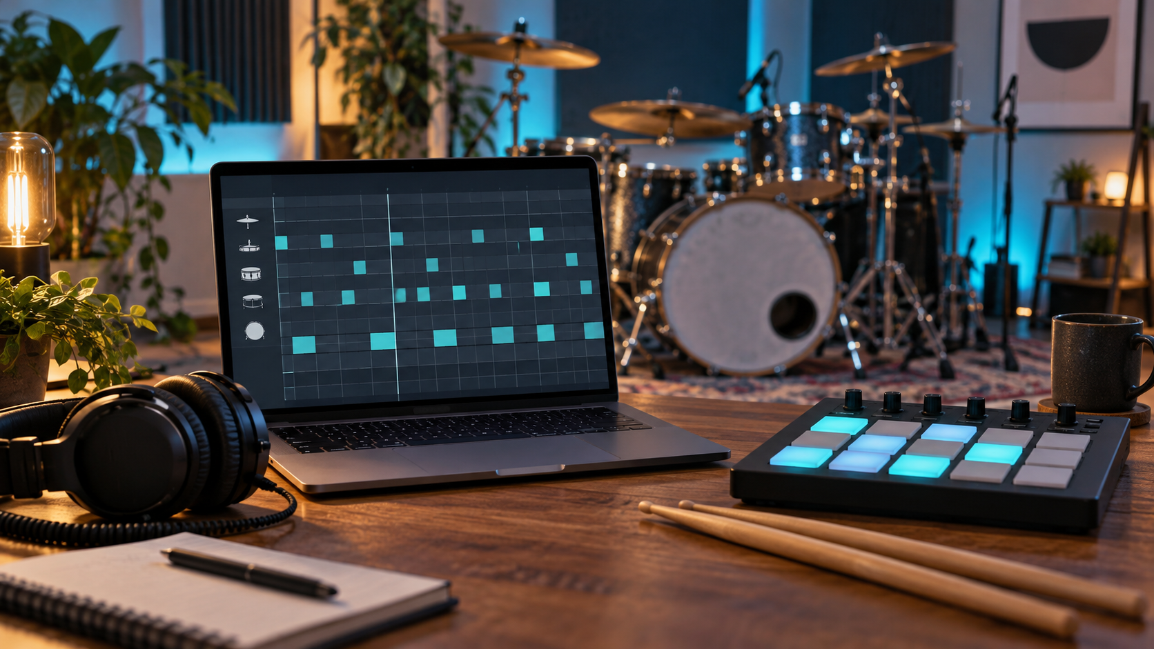 ドラム音源をMIDIフレーズで比較する音楽制作環境のイメージ