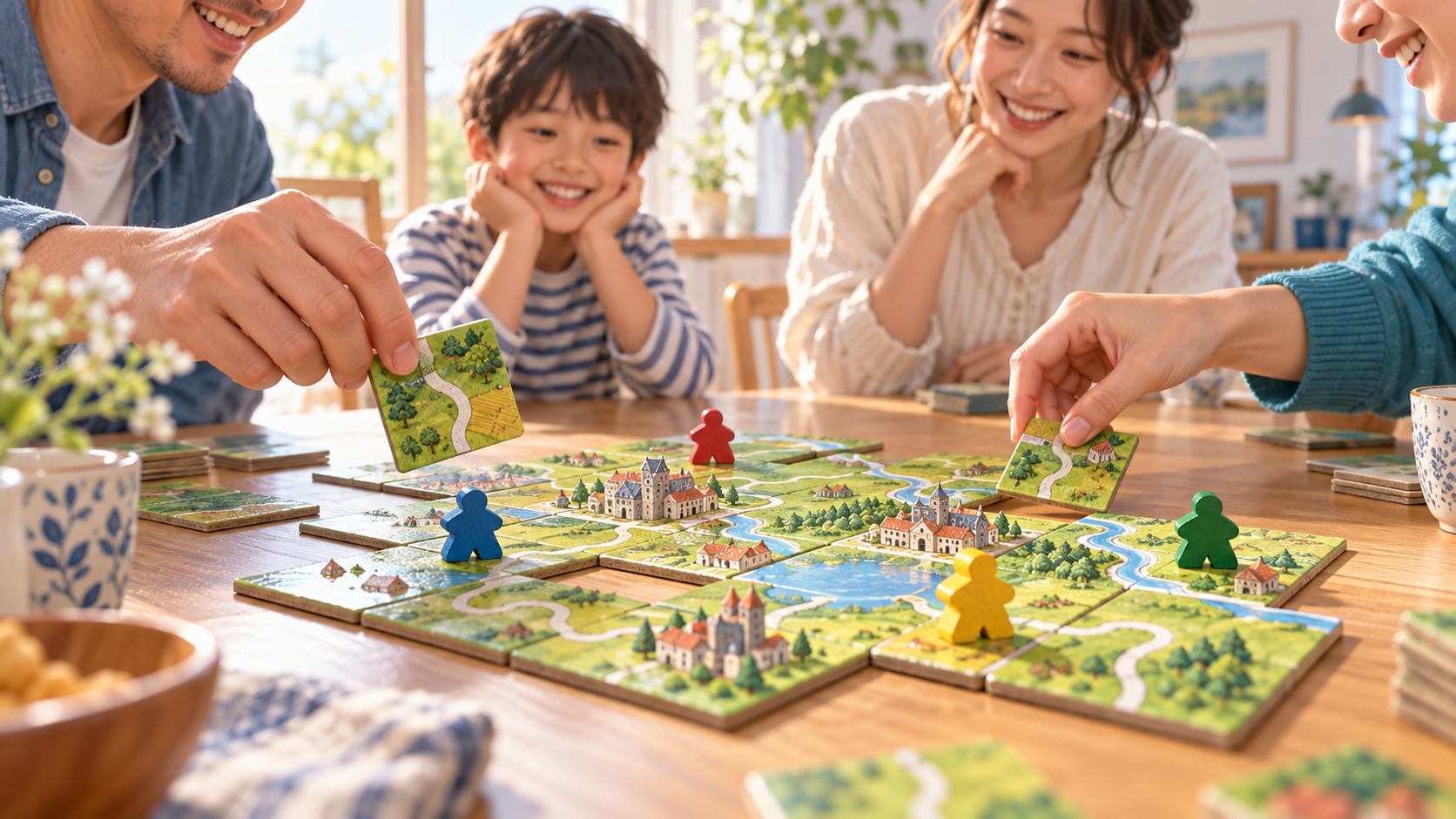 家族でタイル配置ゲームを楽しむAI生成のコンセプトイラスト