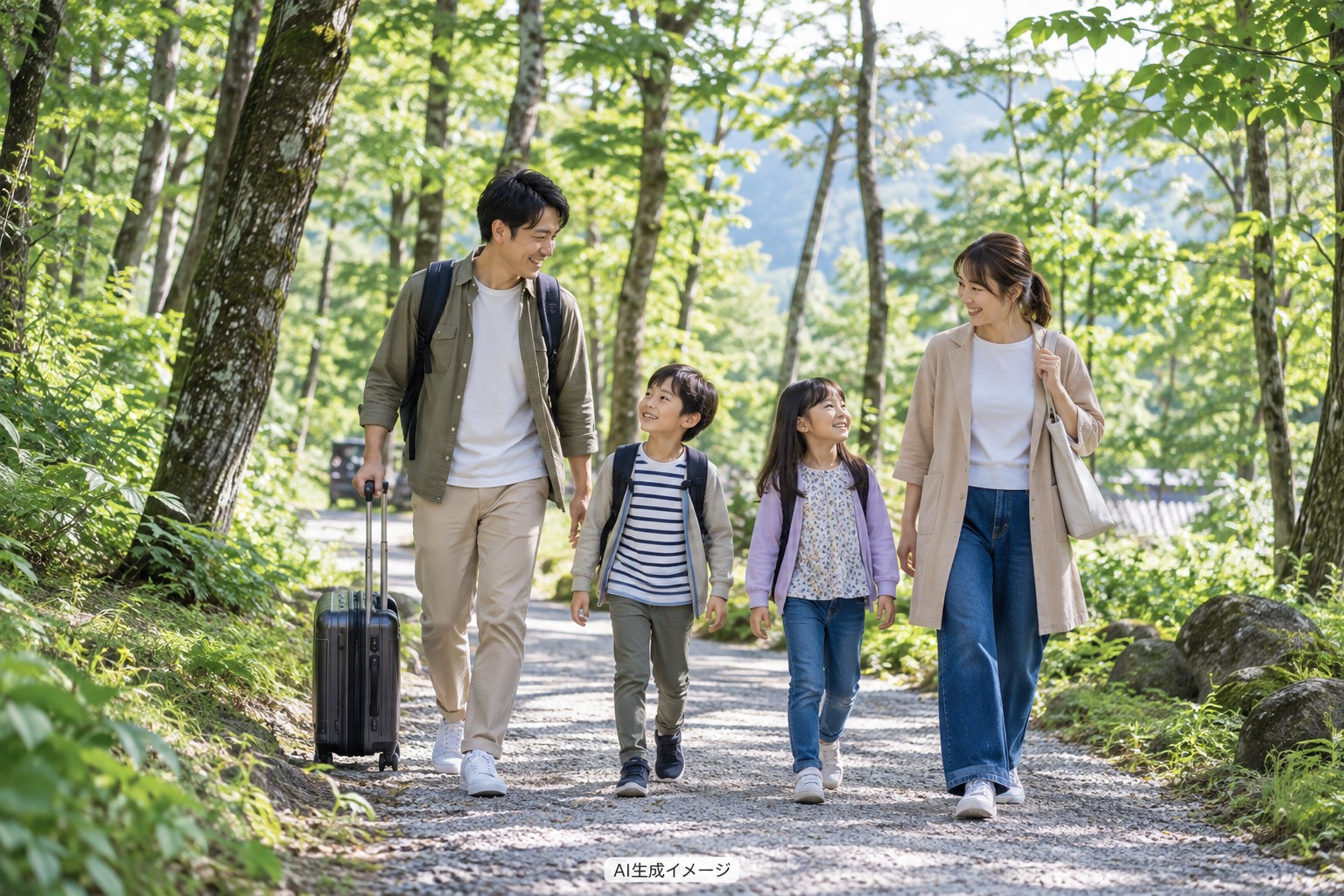 森林の道を家族で歩く旅行のAI生成イメージ
