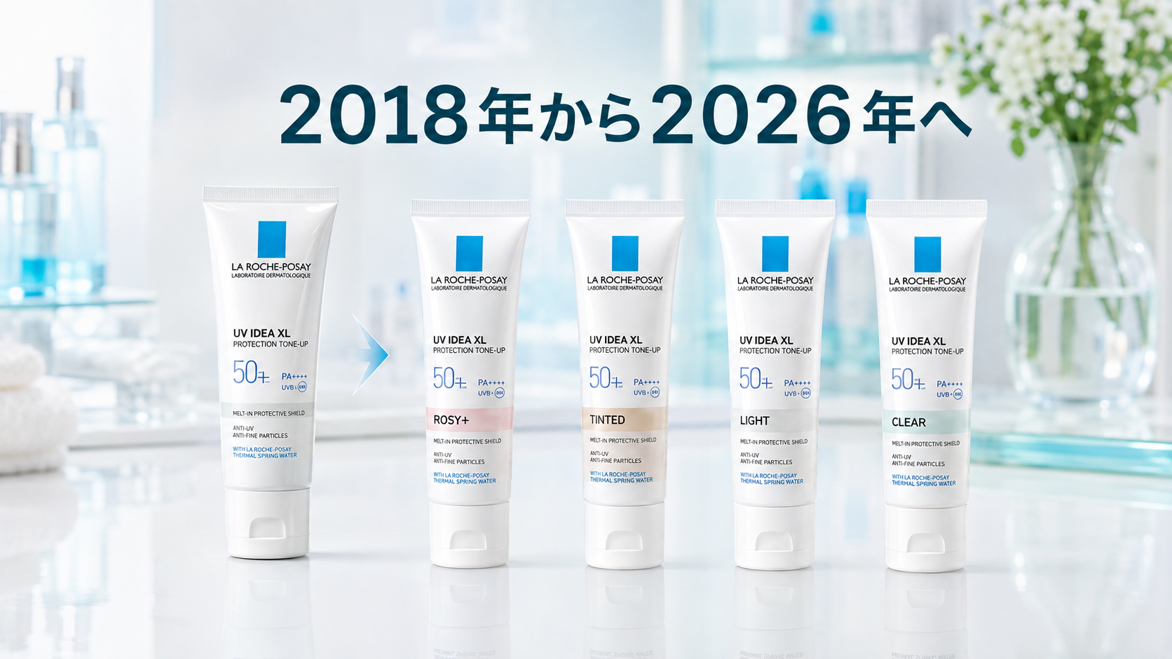 ラロッシュポゼの2018年の愛用品と2026年現行品の違いを表すタイムライン風美容イメージ