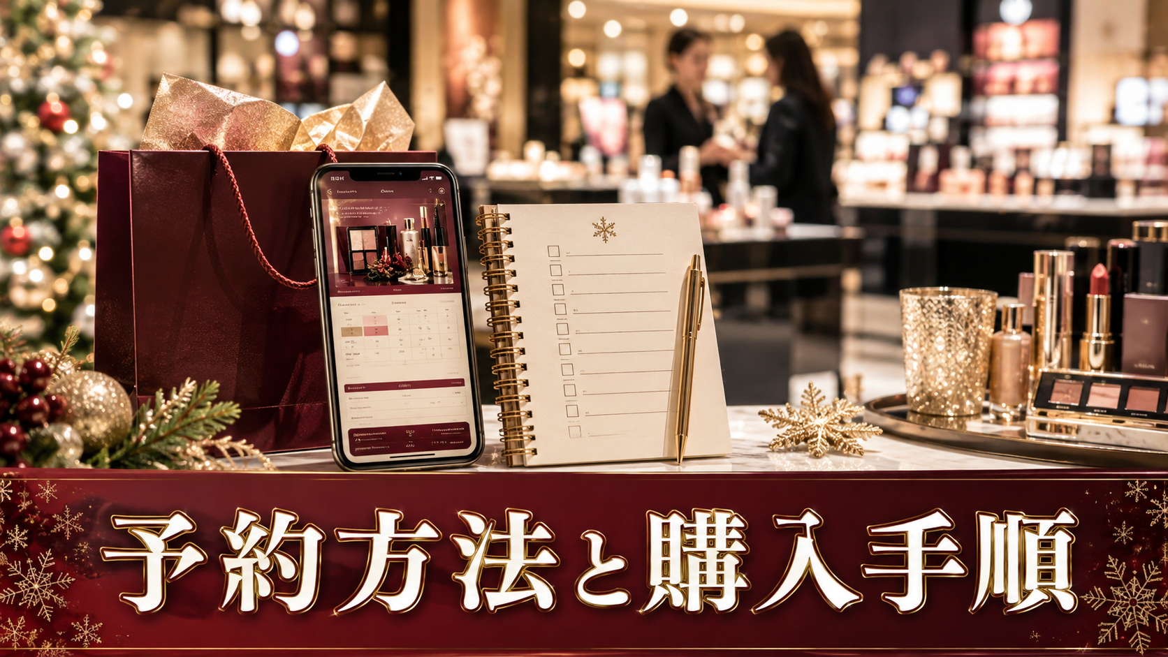 百貨店のコスメカウンターとスマートフォンで予約方法を確認する場面