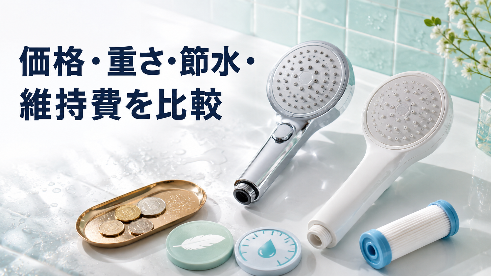 シャワーヘッドの価格と維持費、節水性を比較するイメージ