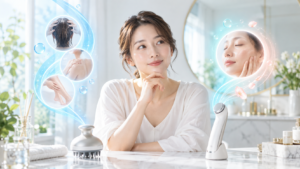 Brighteの頭皮・全身ケアと顔集中ケアを比較検討する30代女性のイメージ