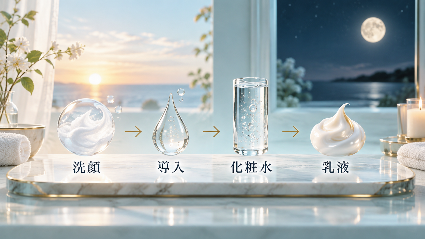 洗顔から導入、化粧水、乳液へ進むスキンケアの順番
