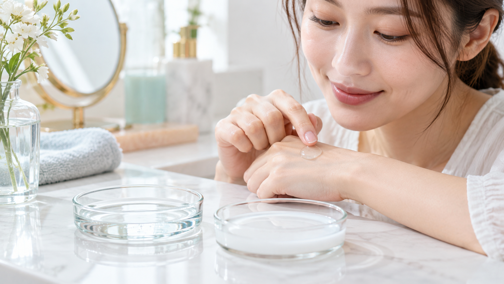 手元で透明な液と白い液を比較する様子