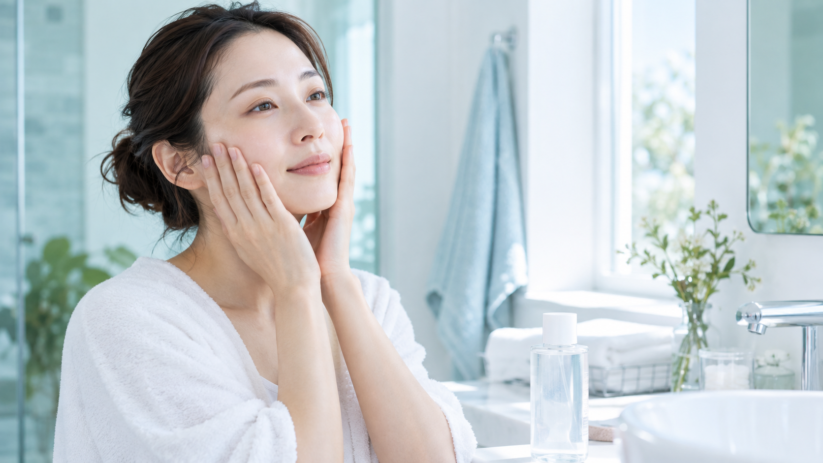 洗顔後に化粧水を手でなじませる様子