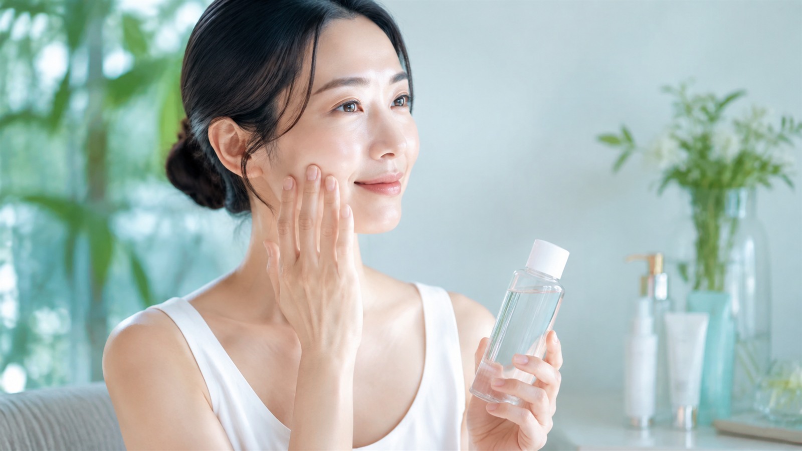 ハトムギ化粧水で保湿した肌を確認する女性