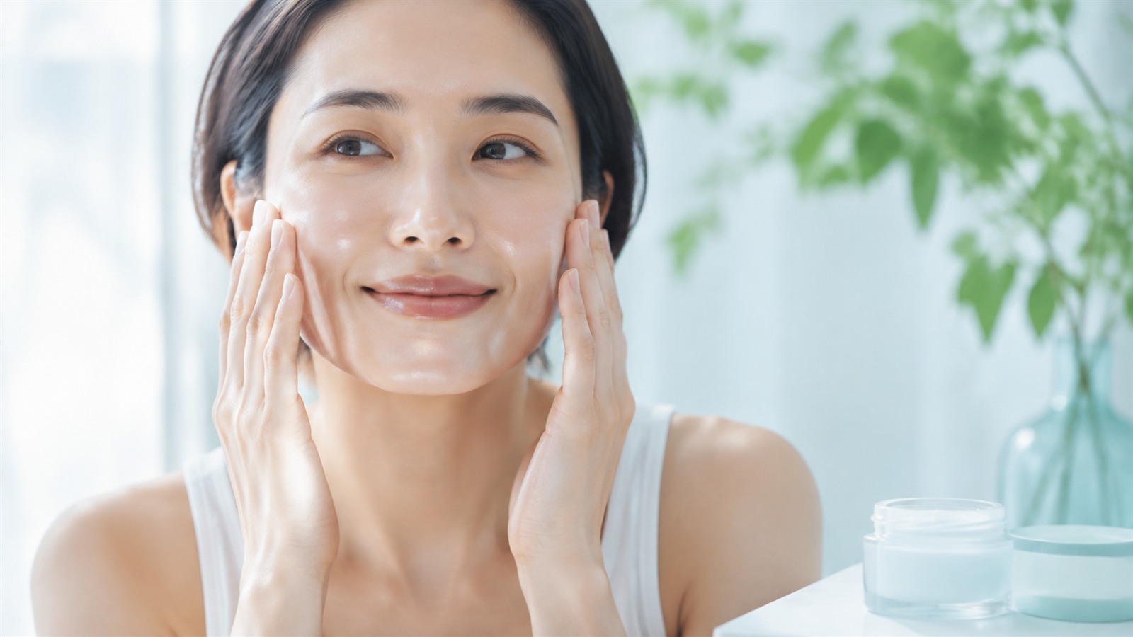 化粧水を手でやさしくなじませ乳液を重ねる様子