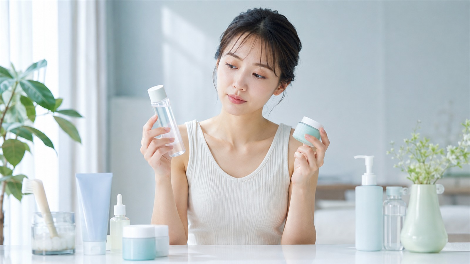 肌状態に合わせて化粧水と保湿剤を選ぶ女性