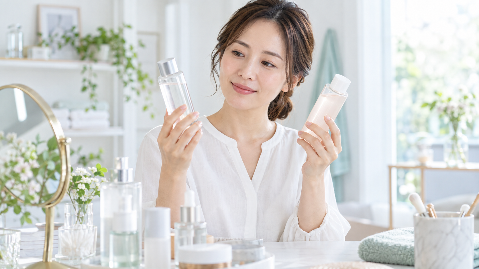 アヌア化粧水の選び方をイメージした女性と化粧水
