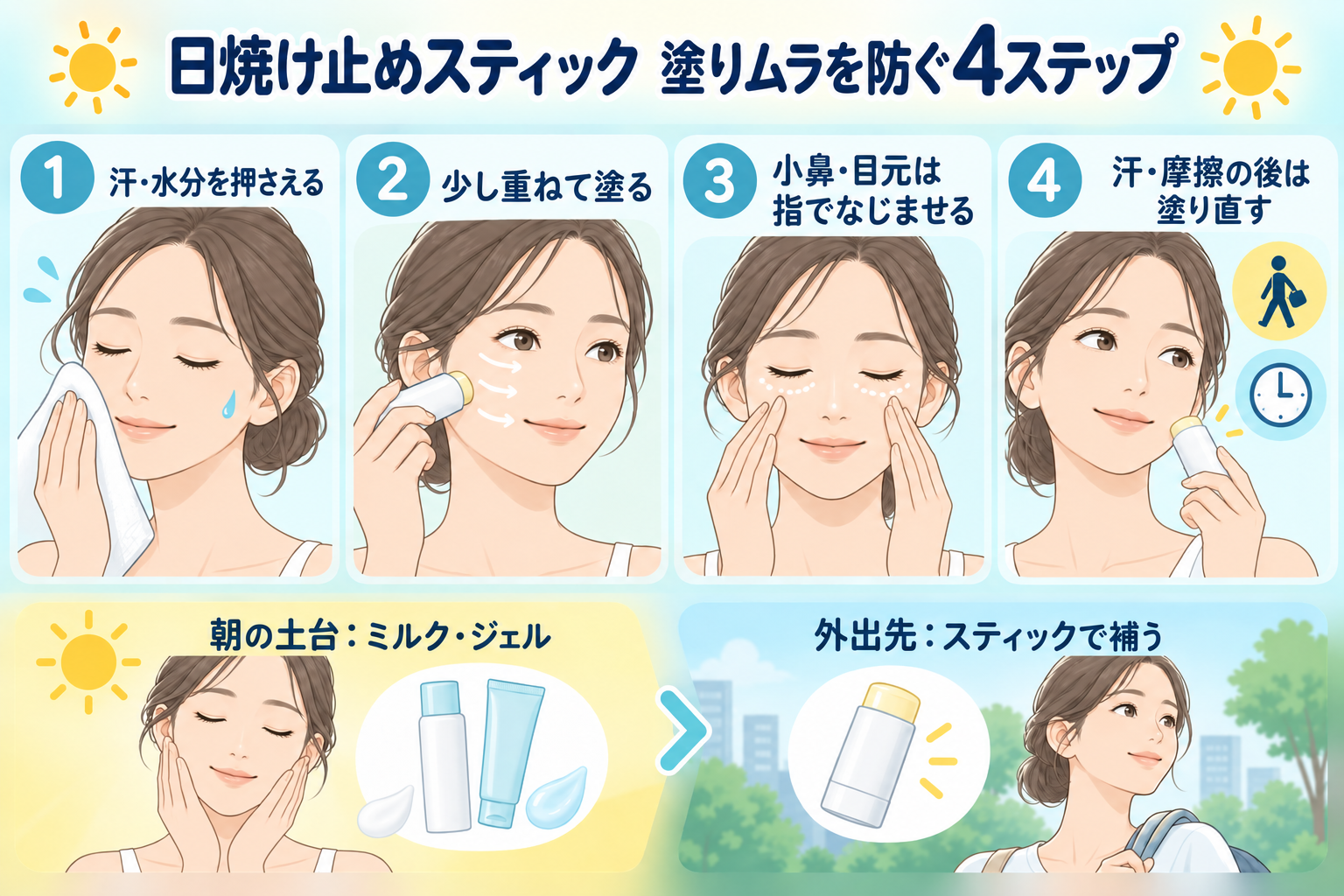 日焼け止めスティックの塗りムラを防ぐ4ステップ:汗を押さえ、重ね塗りし、小鼻・目元を指でなじませ、塗り直す