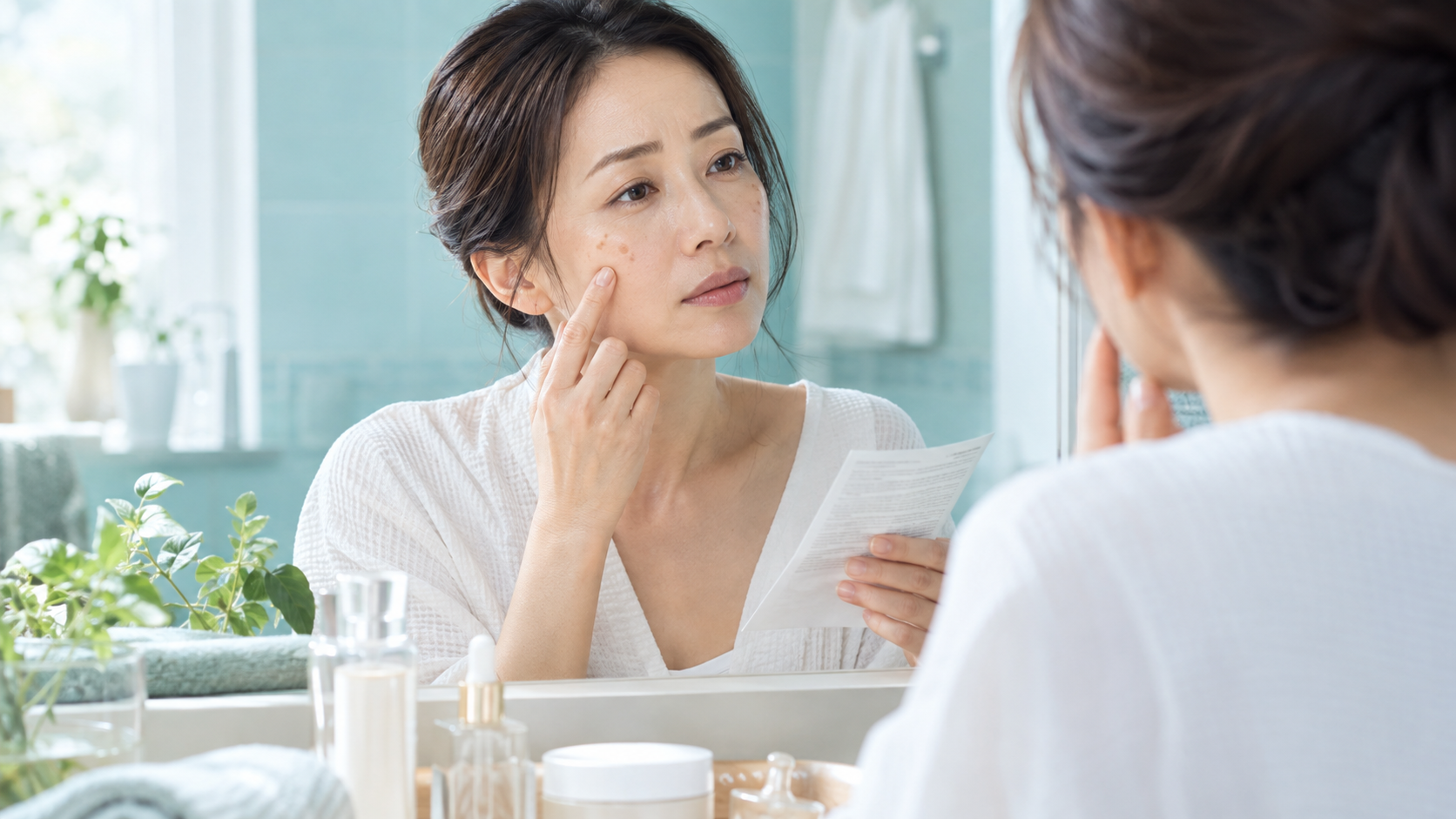鏡を見ながら美容液のシミへの働きを冷静に確認する女性のイメージ