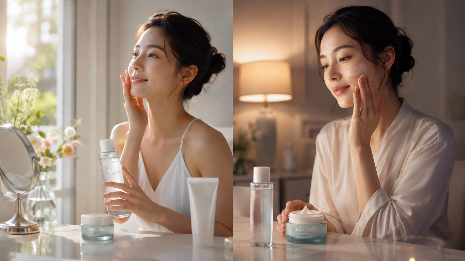 朝と夜で化粧水とクリームの量を使い分ける女性