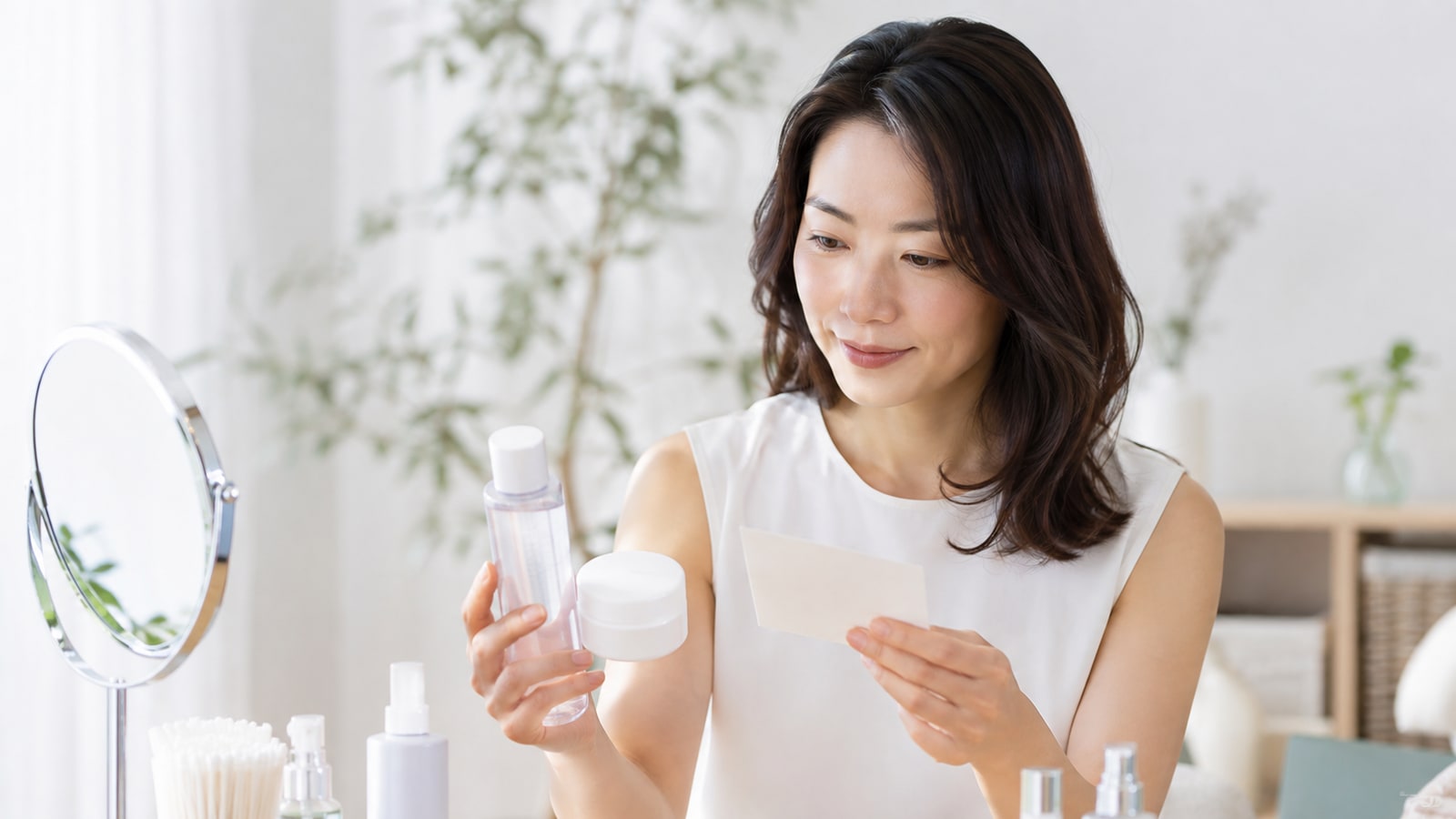 化粧水とクリームだけのケアについて確認する女性