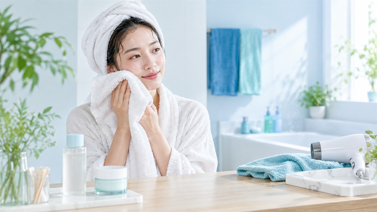 お風呂上がりに顔と髪をタオルでやさしく押さえる女性