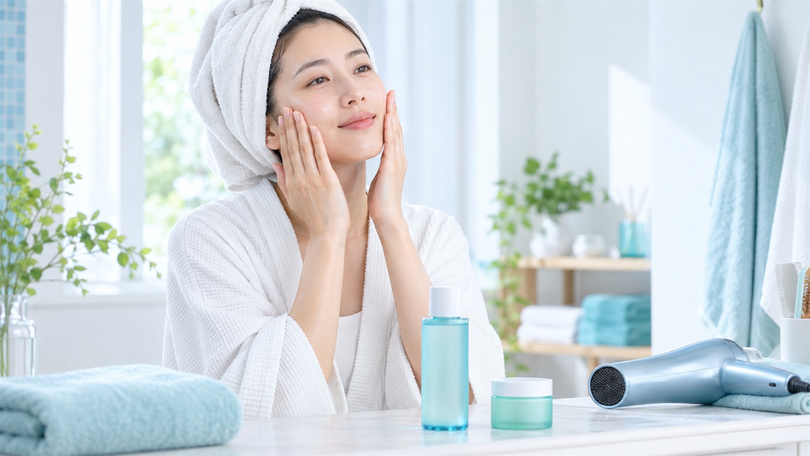 濡れた髪をタオルで包み化粧水をやさしくなじませる女性