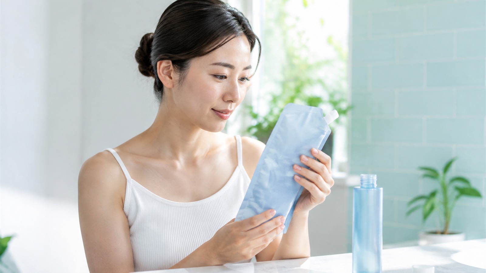 化粧水の詰替用パウチに書かれた方法を確認する女性
