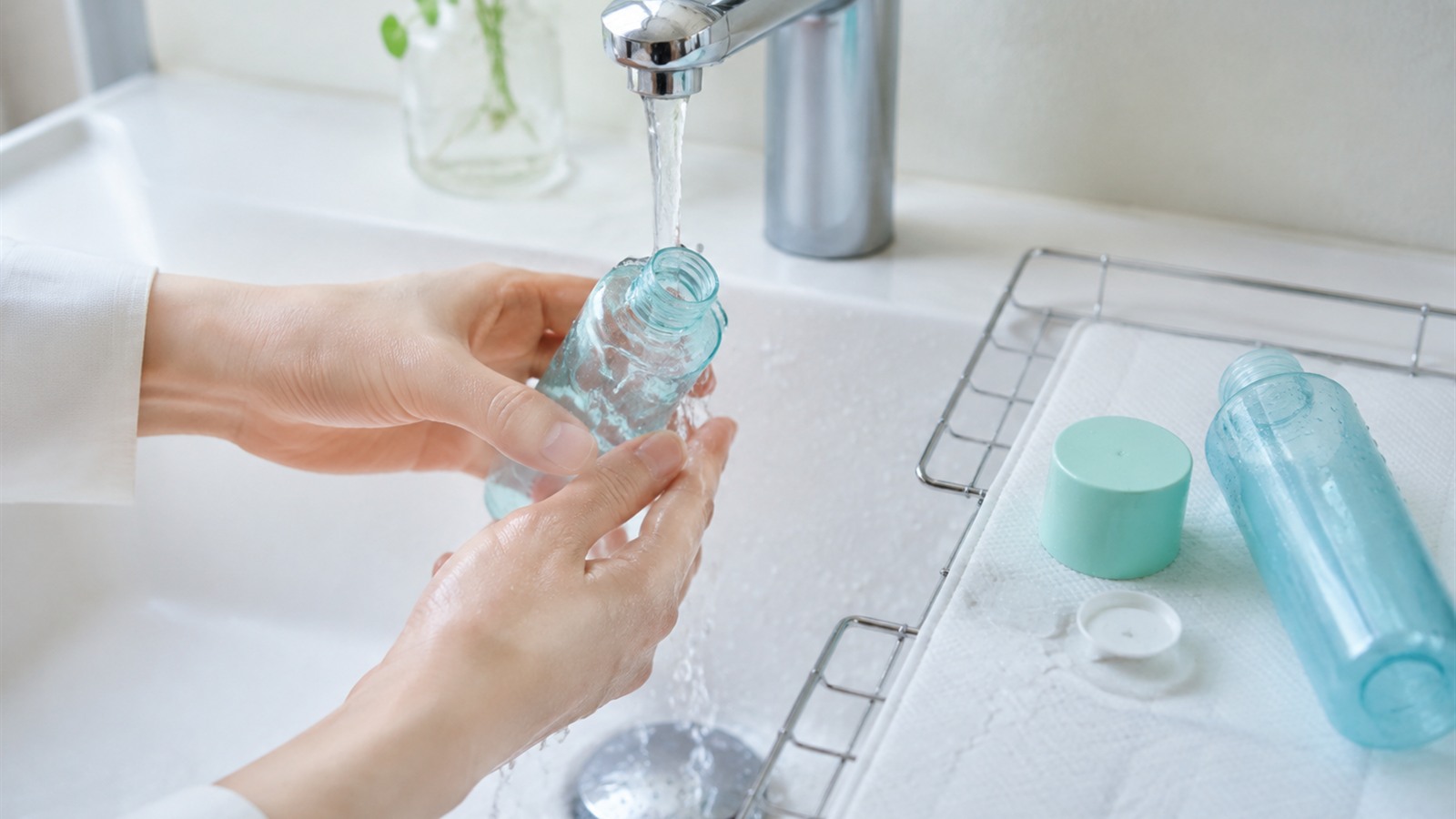 化粧水の容器とキャップをぬるま湯ですすいで乾かす様子