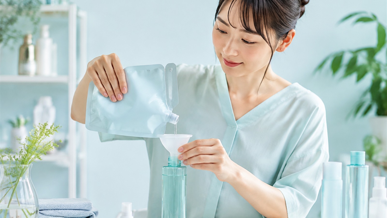 完全に乾いた化粧水容器へ詰替用を全量注ぐ女性