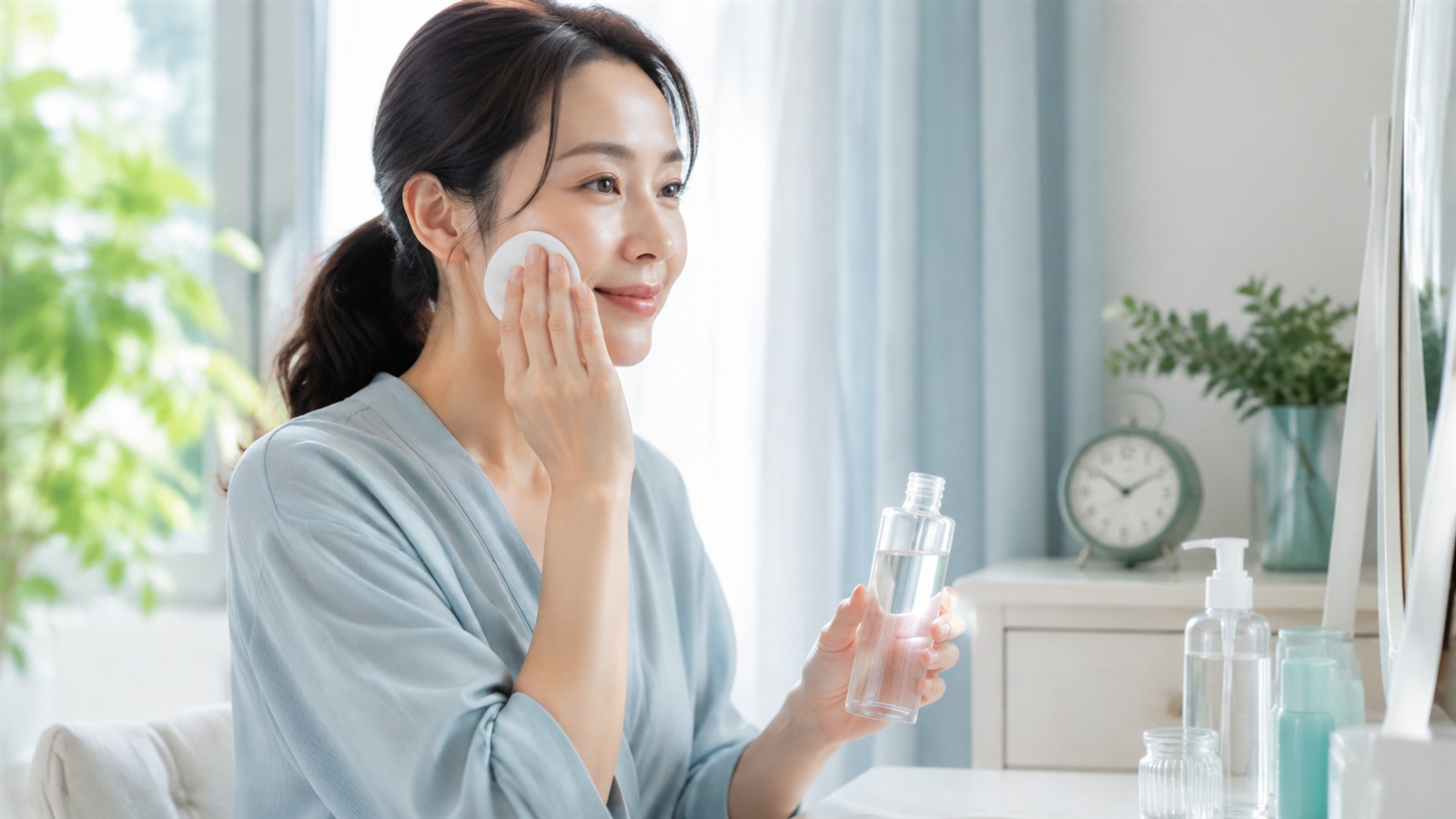 朝と夜の化粧水習慣を意識する女性