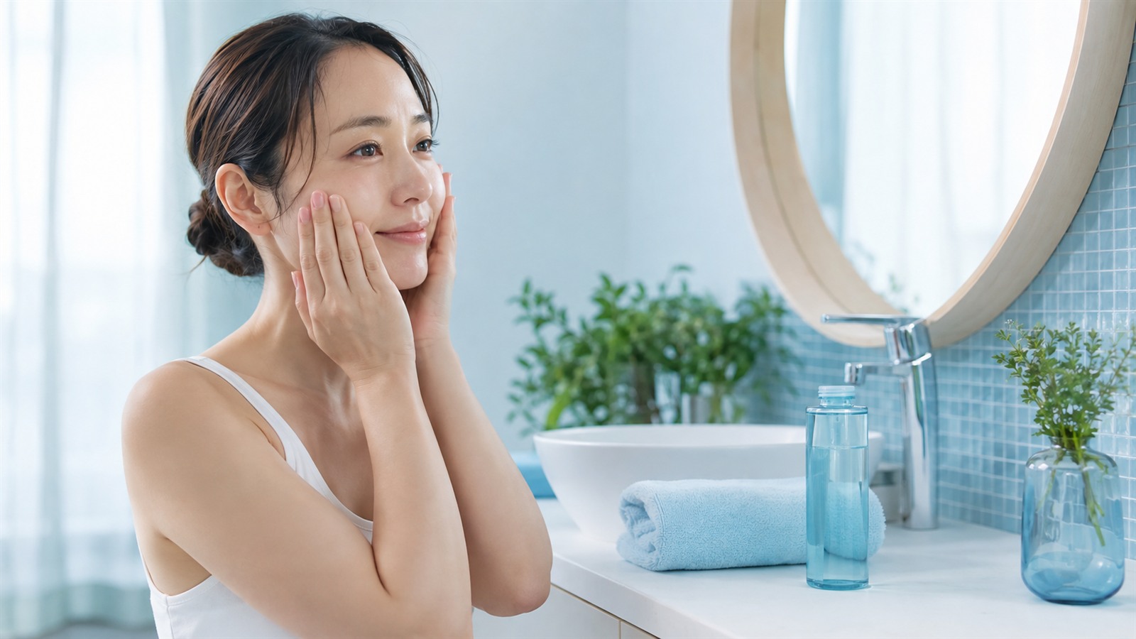 洗顔後に化粧水を両手でやさしくなじませる女性