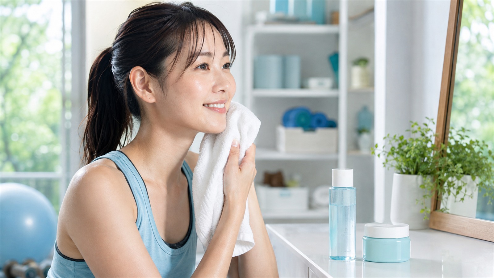 運動後に汗をやさしく拭く女性と化粧水