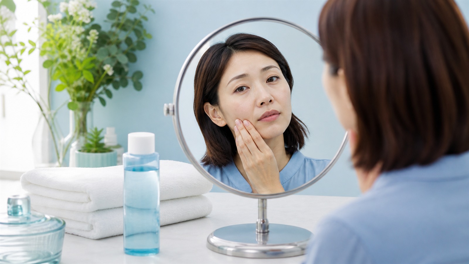 鏡で頬の乾燥や刺激を確認する女性