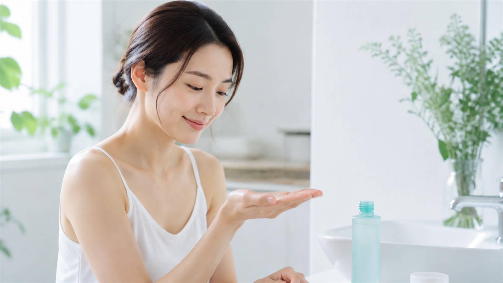 手のひらに出した化粧水の量を確認する女性
