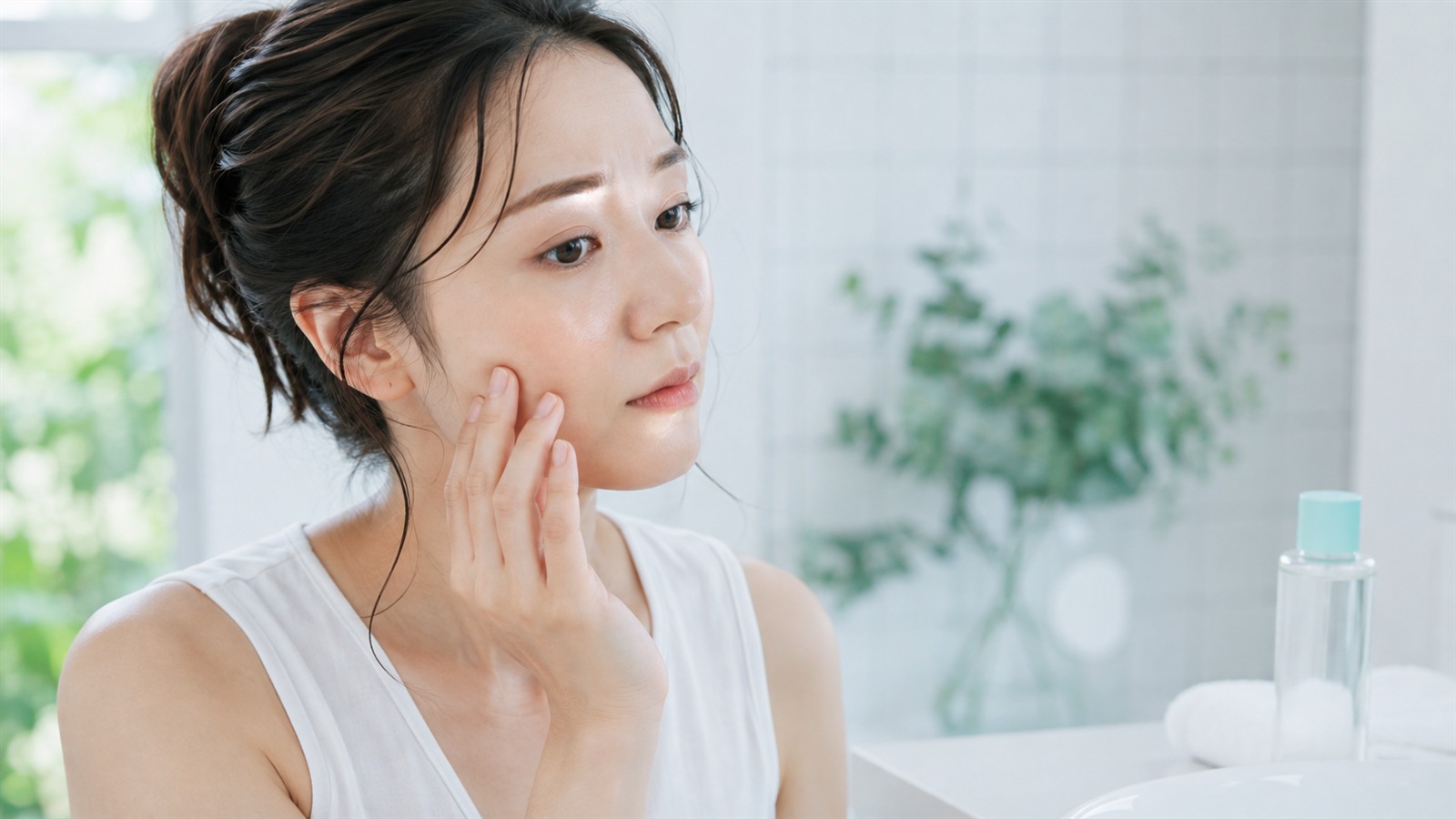 鏡で頬のべたつきや刺激を確認する女性