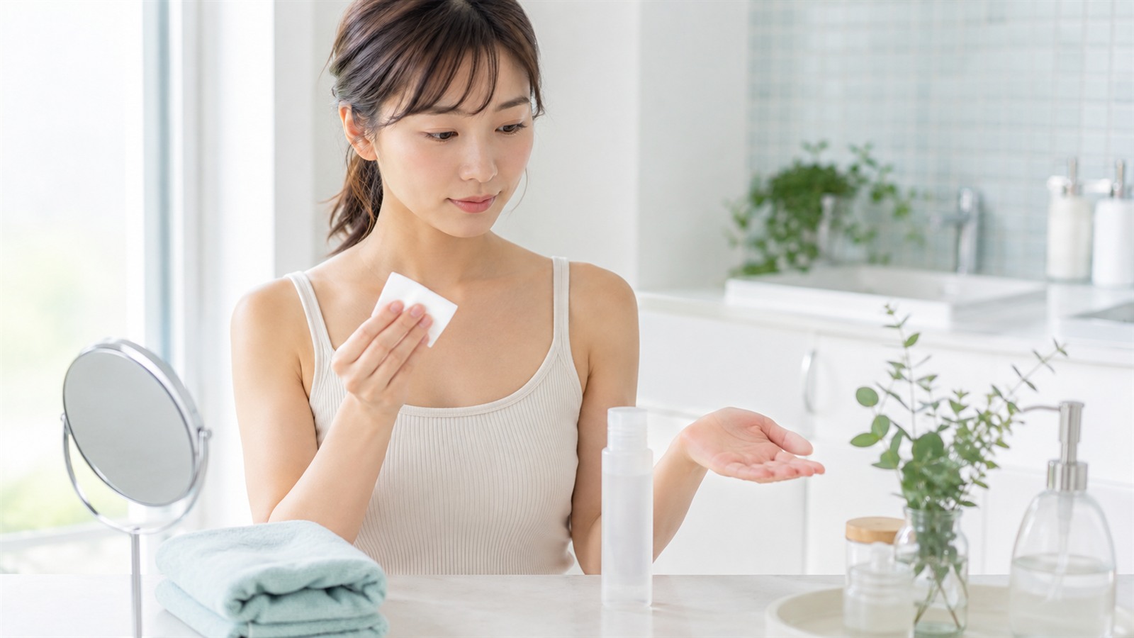 手とコットンで化粧水をやさしくなじませる方法