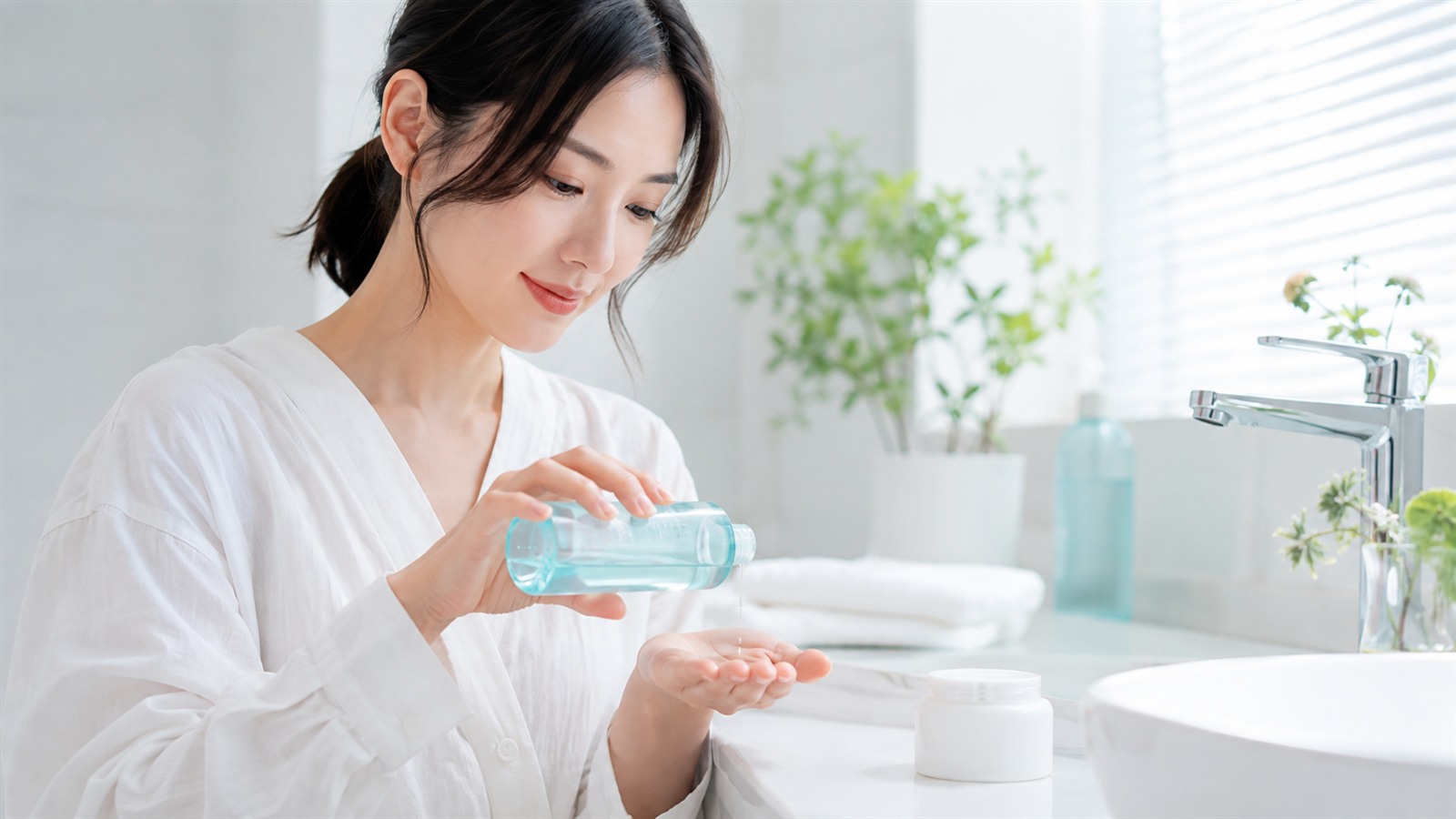 朝の洗面台で化粧水の量を少しずつ調整する女性