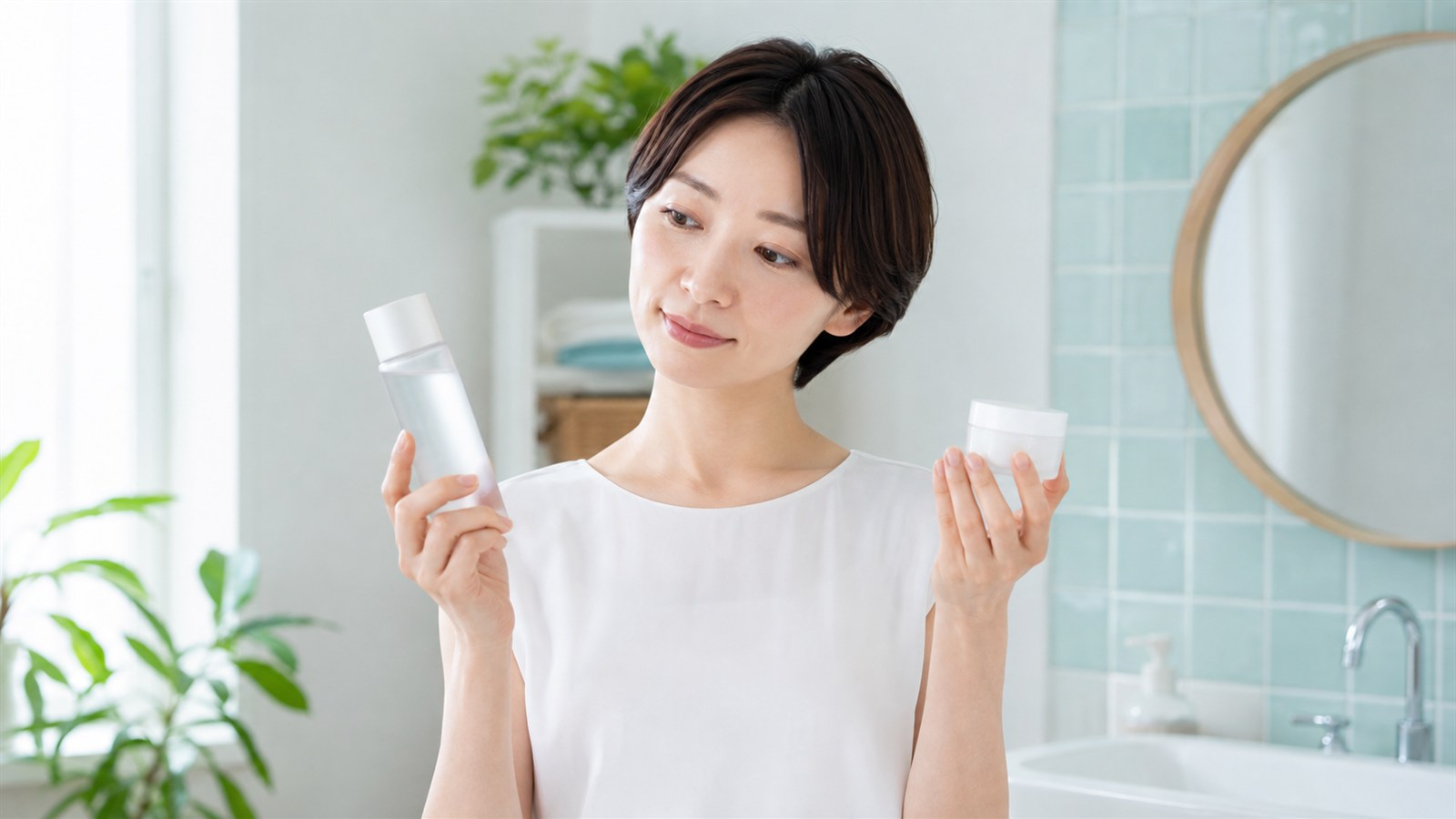 化粧水と保湿クリームを見比べる女性