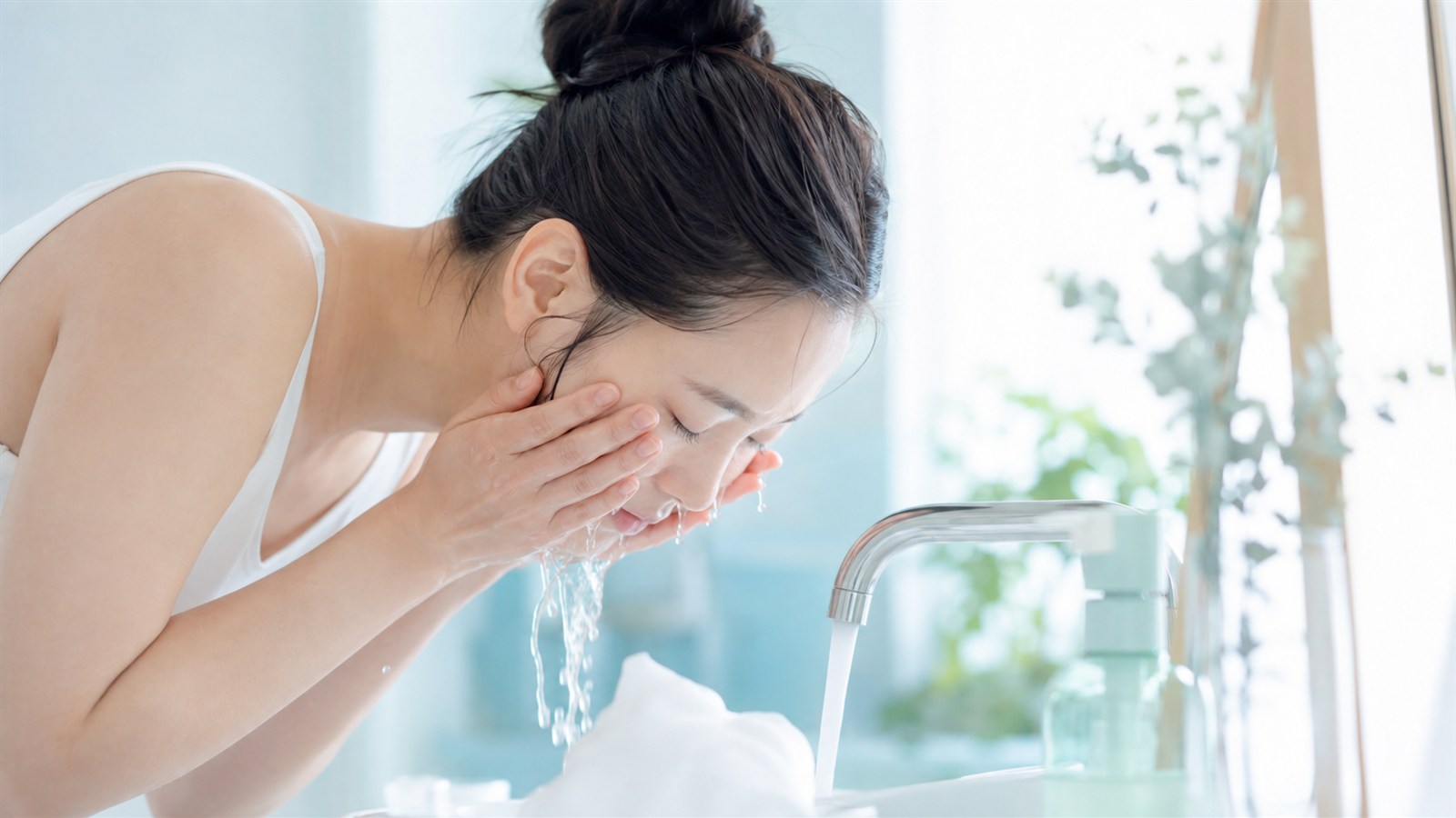 ぬるま湯で顔をやさしく洗う女性