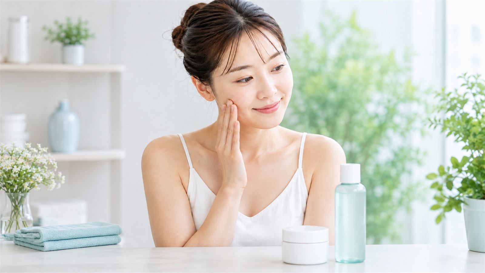 化粧水をやめて試す手順を確認する女性