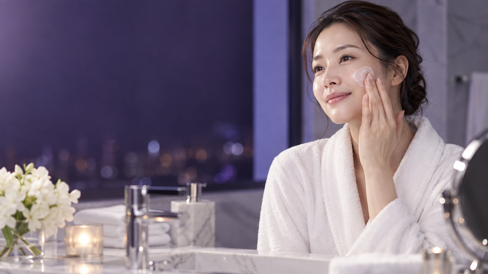 夜のスキンケアでクリームを頬になじませる30代女性のイメージ