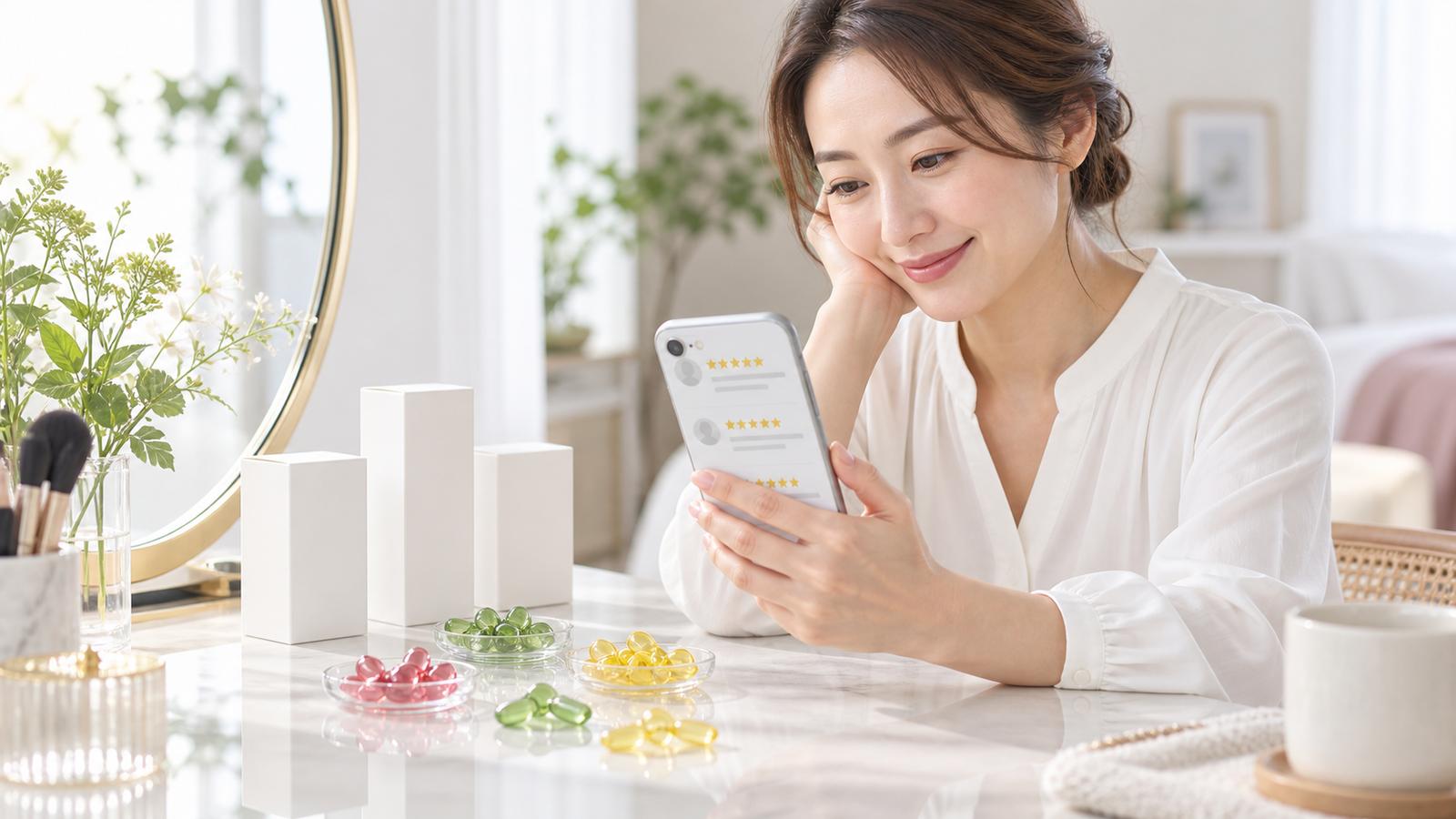 my's美容液の口コミをスマートフォンで確認する女性のイメージ