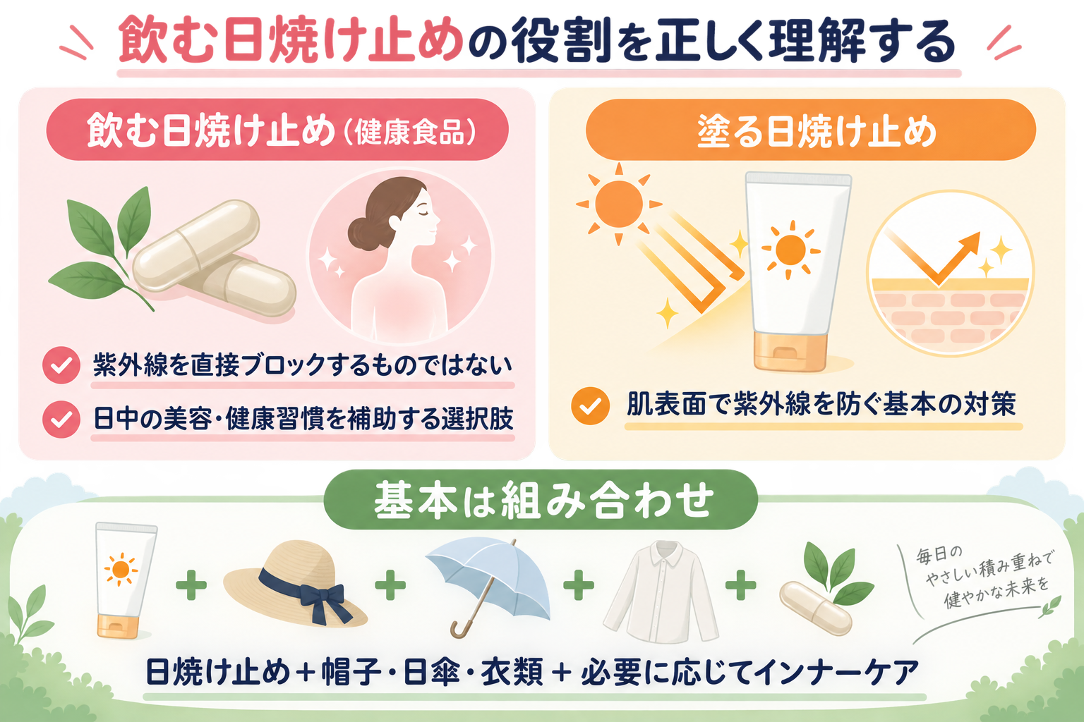 飲む日焼け止めと塗る日焼け止めの役割の違い：健康食品は紫外線を直接防ぐものではなく、日焼け止め・帽子・日傘・衣類を基本に組み合わせる