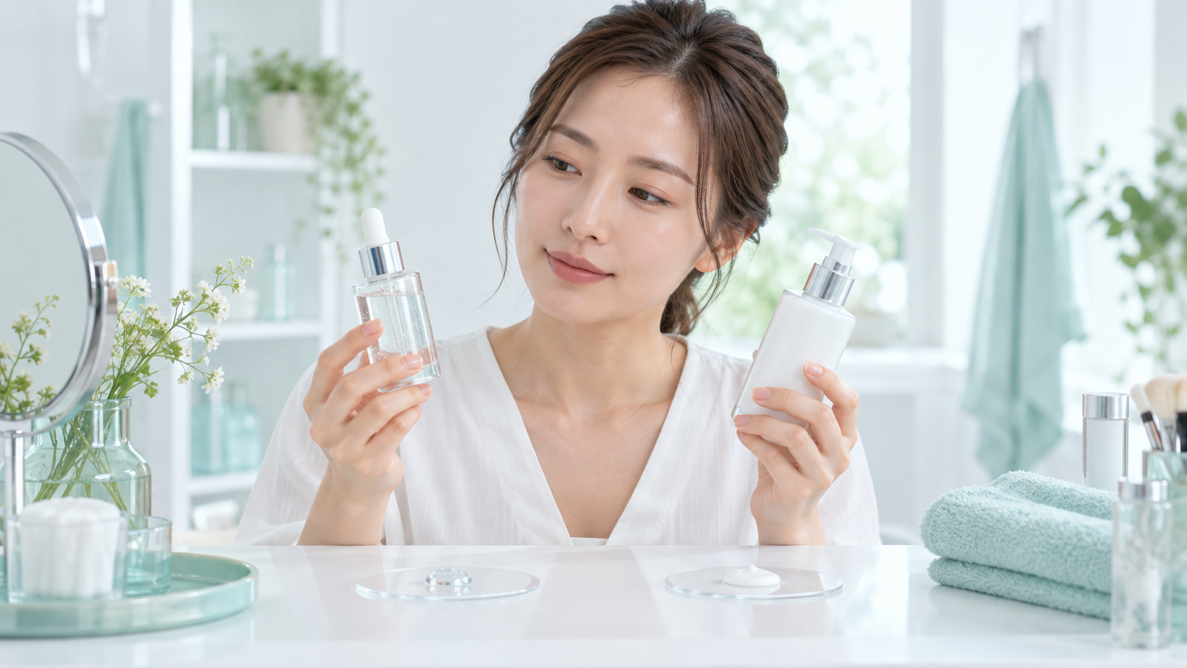 美容液と乳液の役割を比較する30代女性