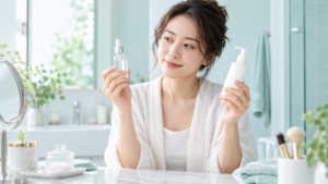 美容液と乳液の違いを比較する30代女性