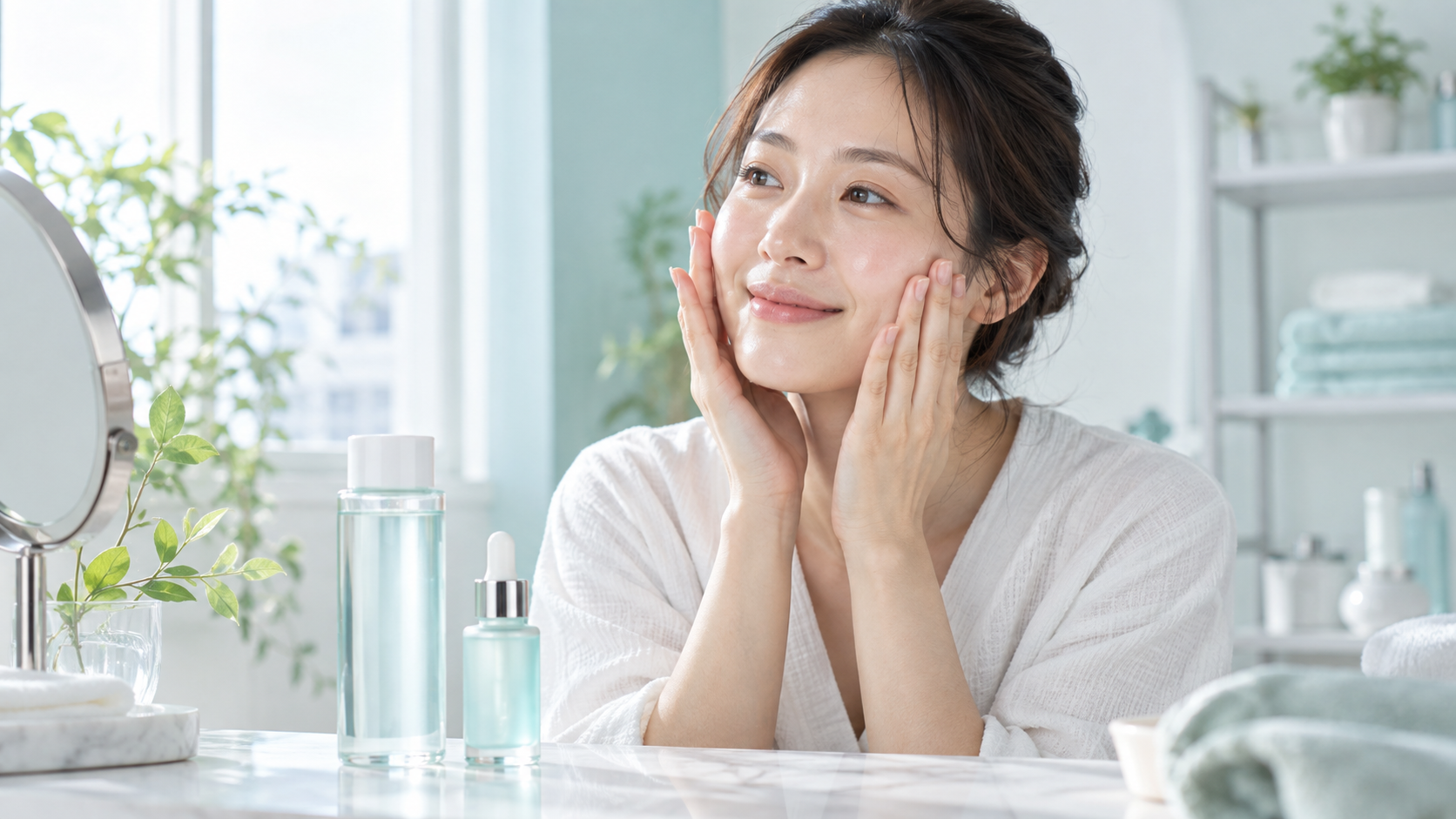 化粧水と美容液の役割の違いを確認する30代女性