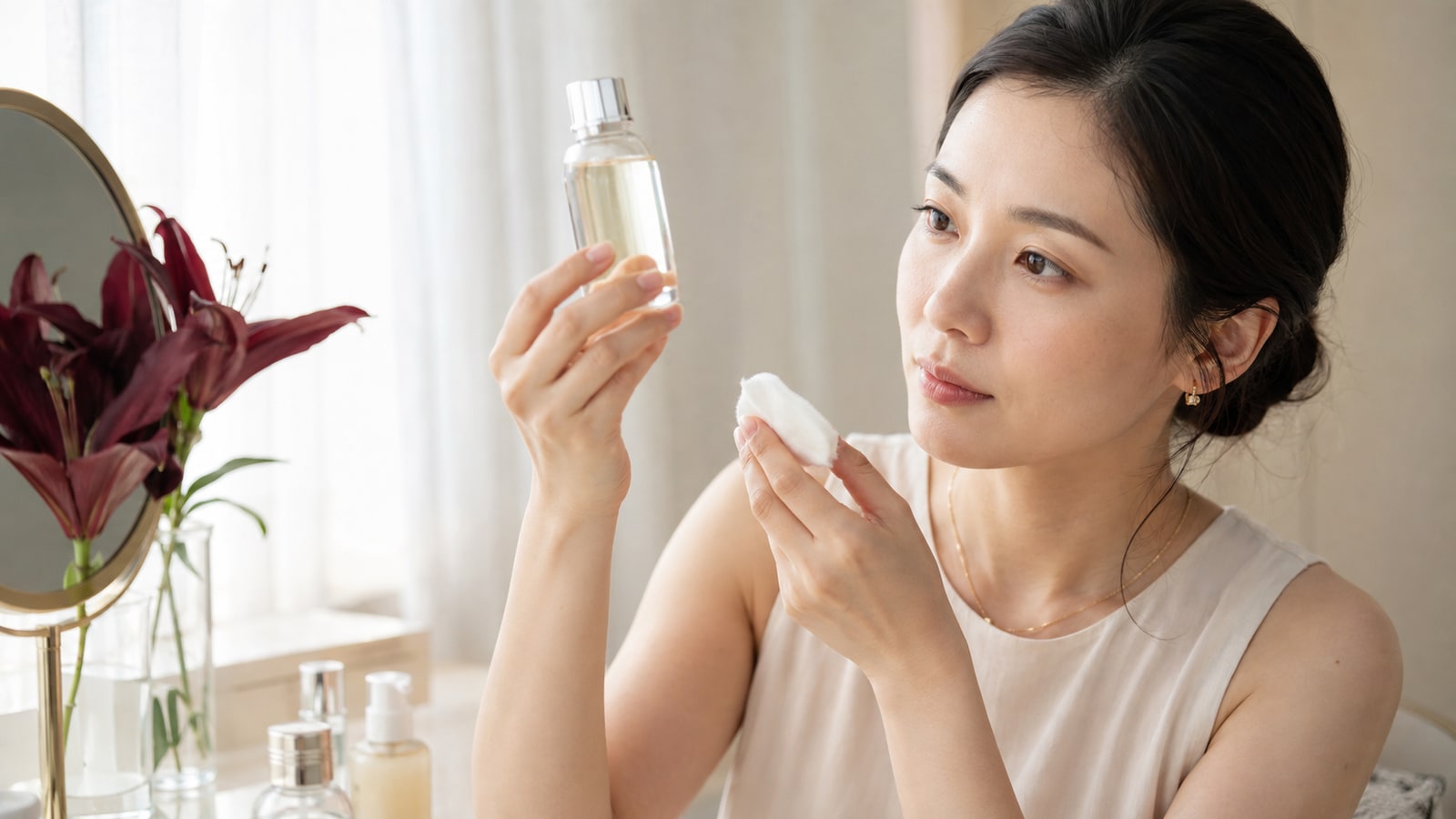 透明な化粧水の色と濁りを明るい場所で確認する女性