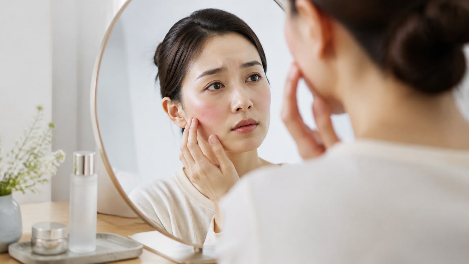 化粧水使用後の肌状態を鏡で確認する女性