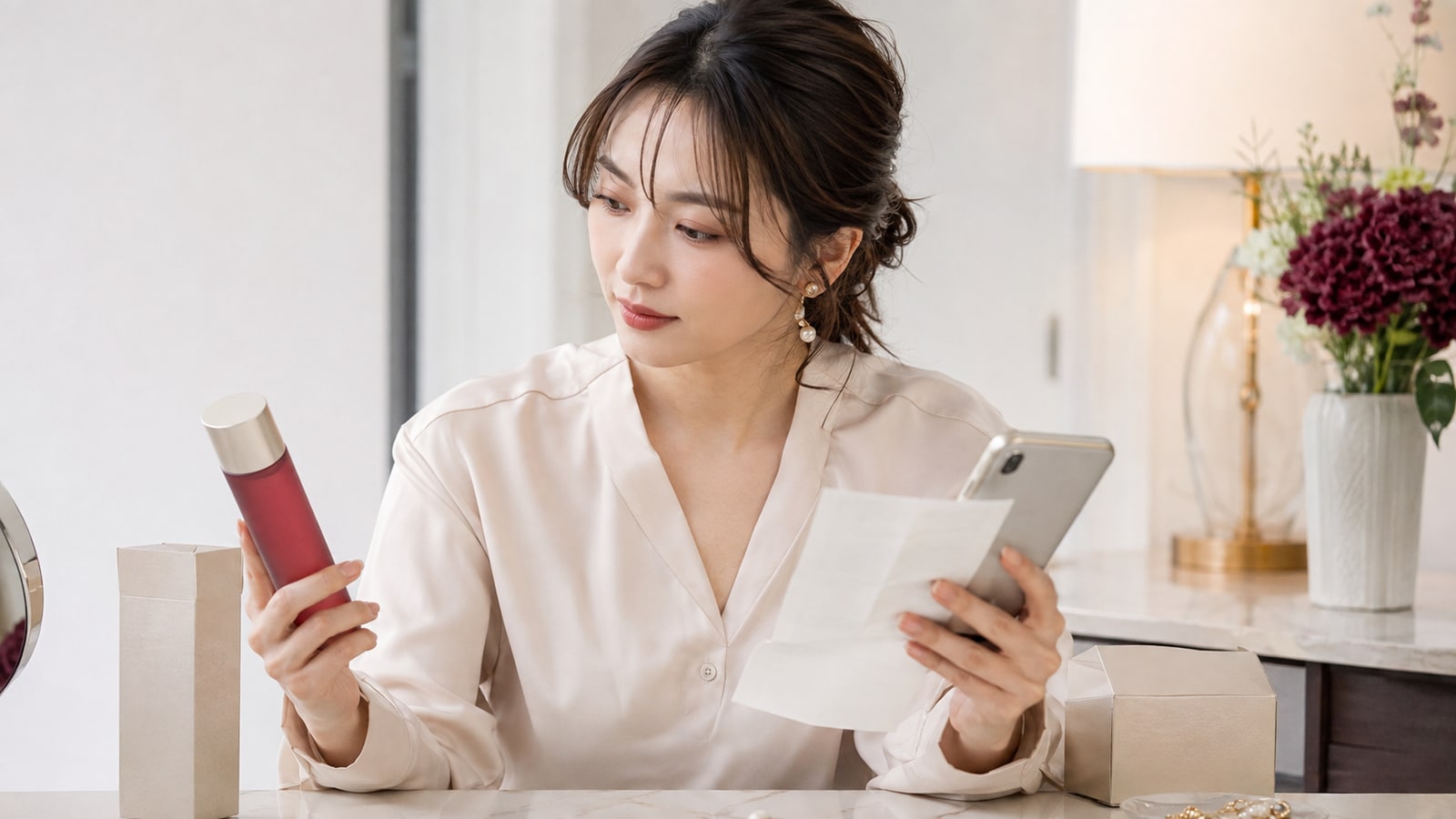 化粧水の外箱と購入記録を確認する女性