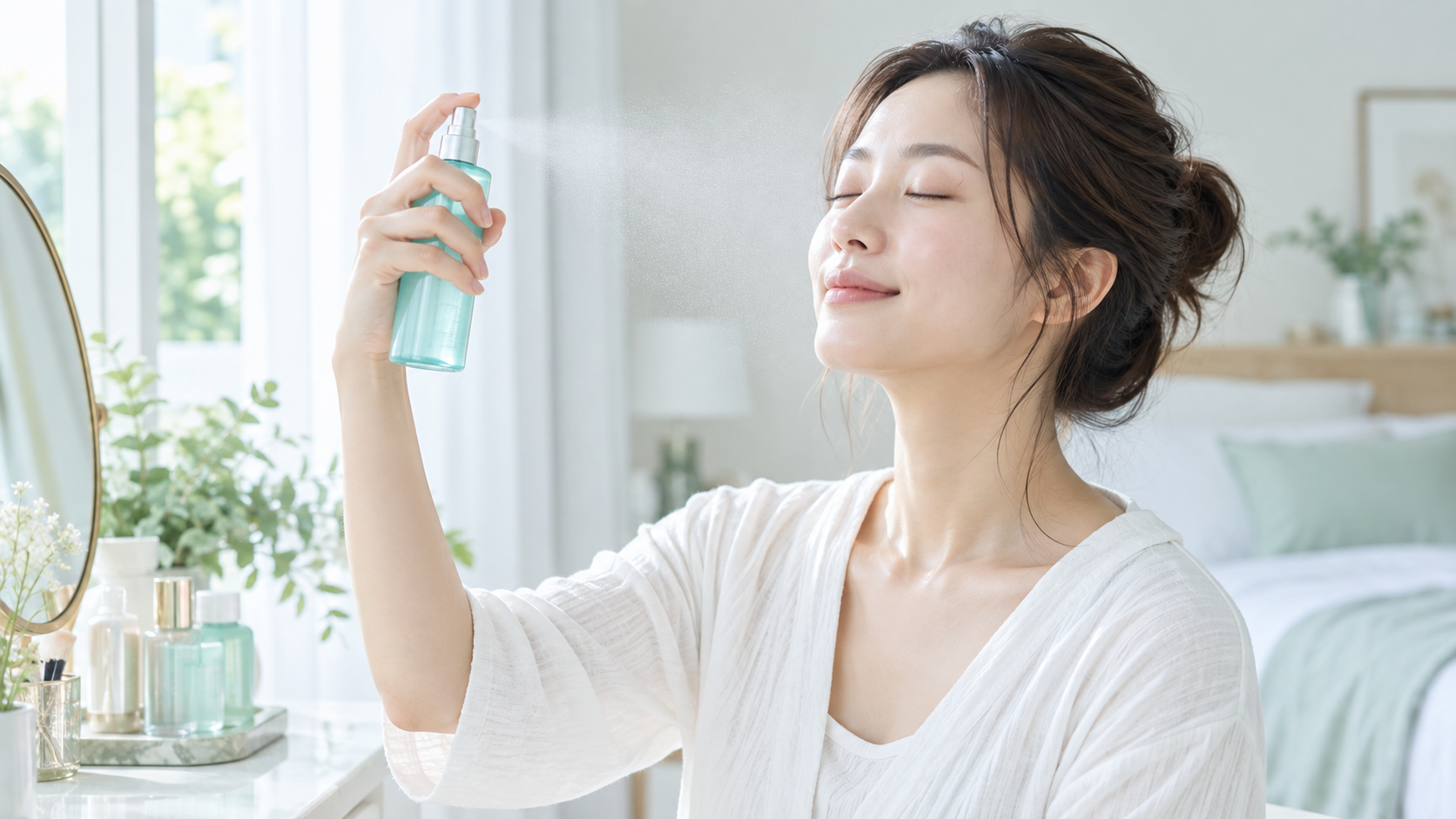 30代女性が顔から離して保湿ミストを吹きかけるイメージ
