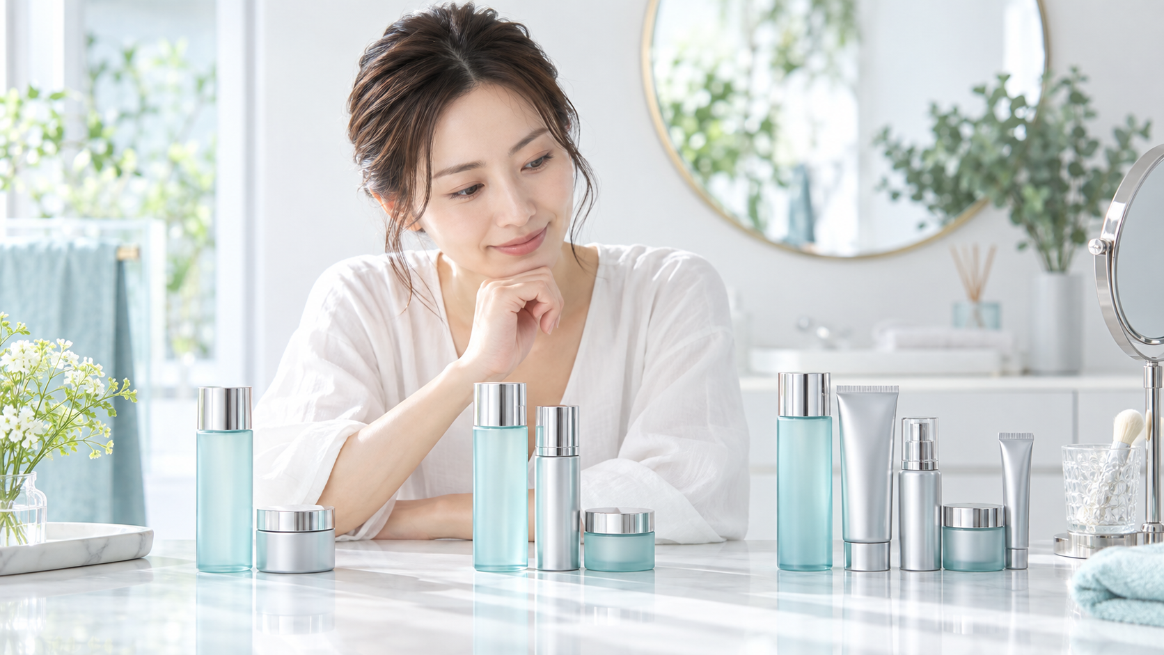 30代女性が2点・3点・5点のスキンケアセットを比較するイメージ