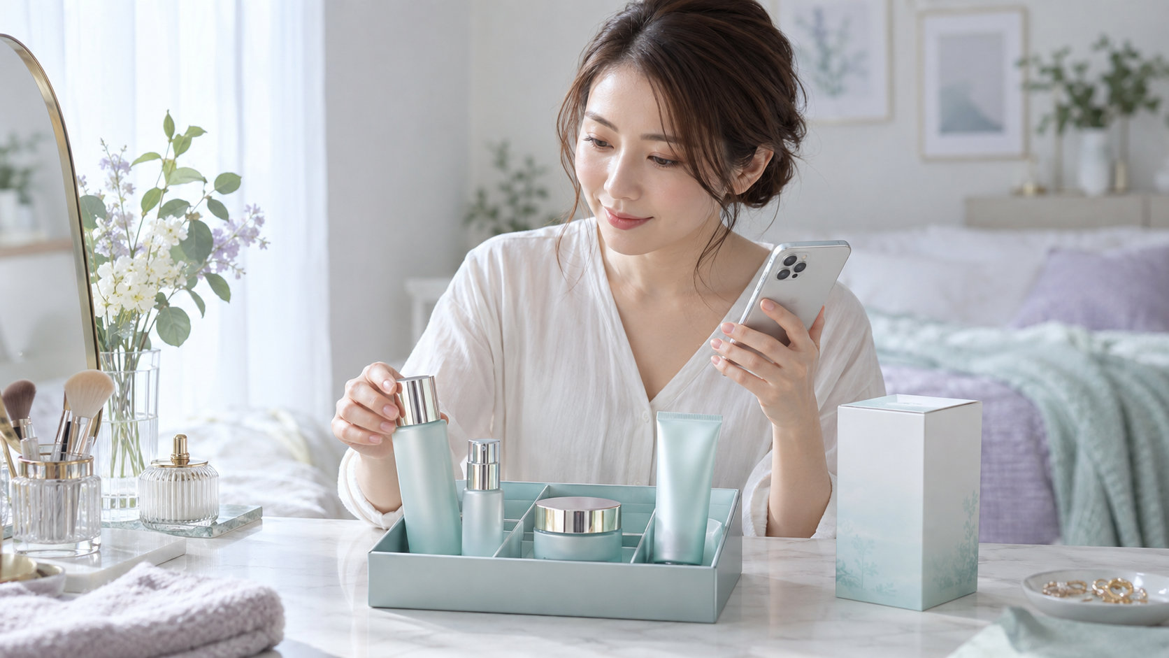 30代女性がスマートフォンでセット内容を確認し使う商品だけを選ぶイメージ