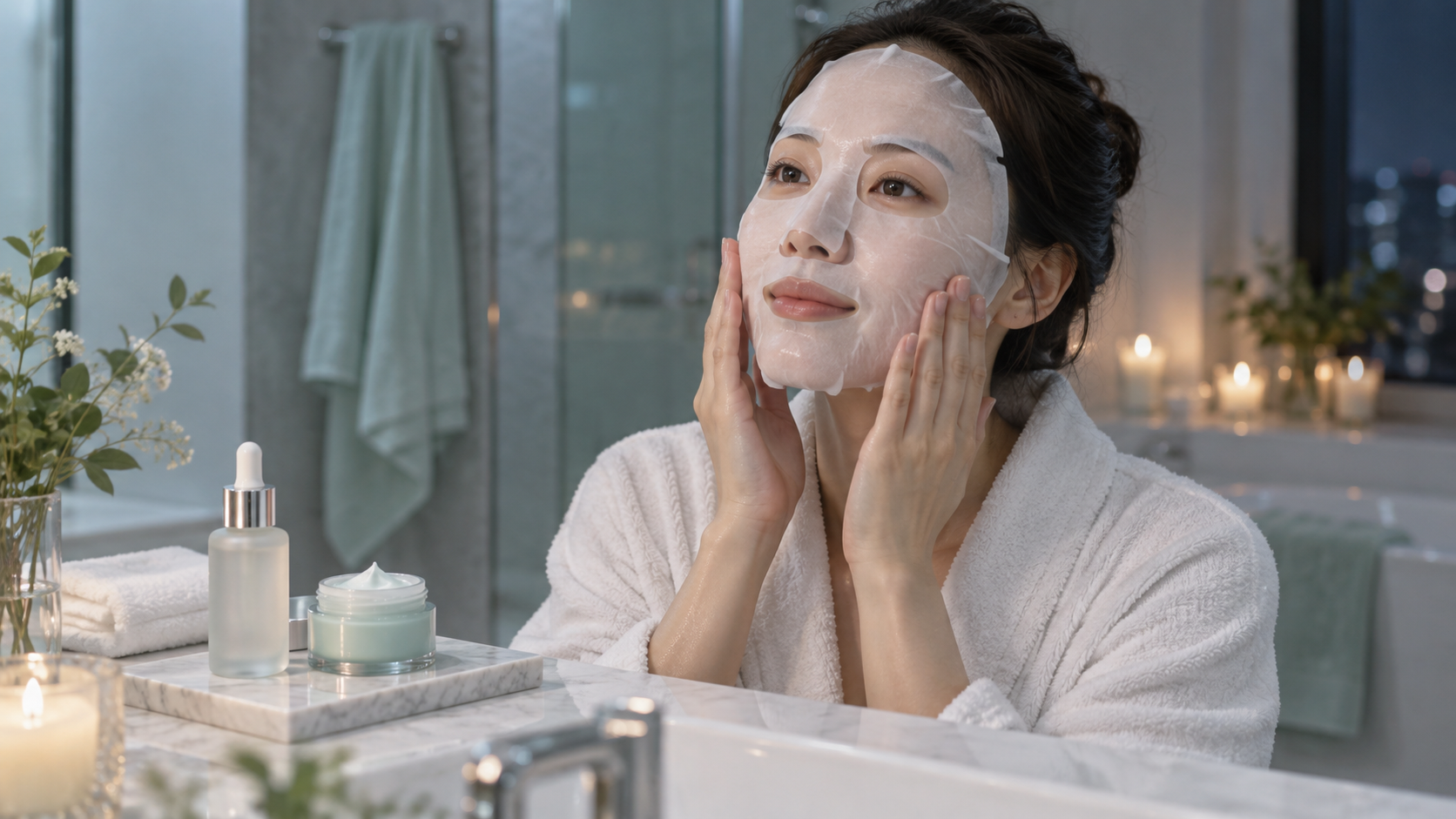 夜にシートマスクを使用する30代女性のスキンケアイメージ