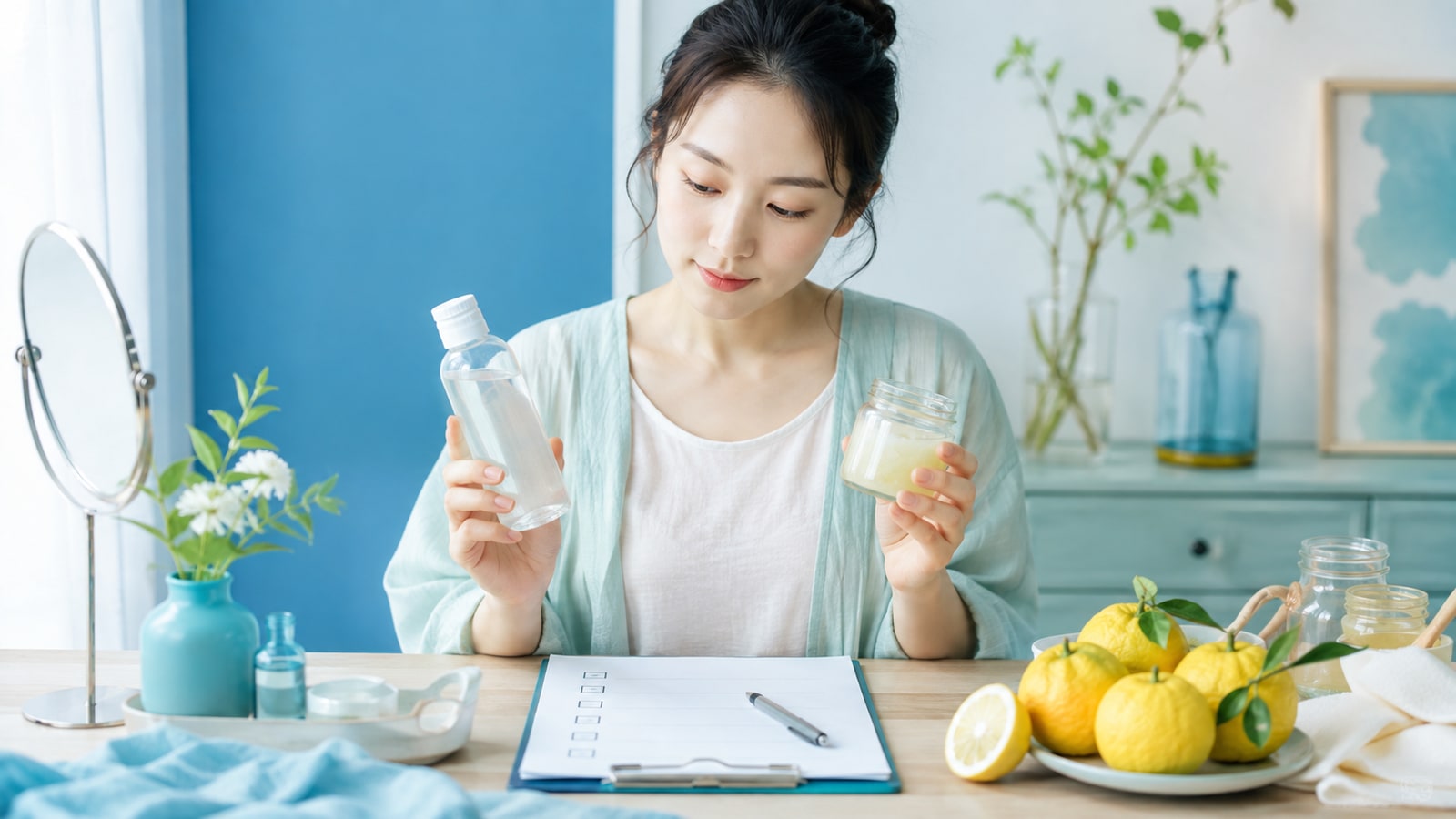 市販の化粧水と手作り容器を比較する女性のイメージ