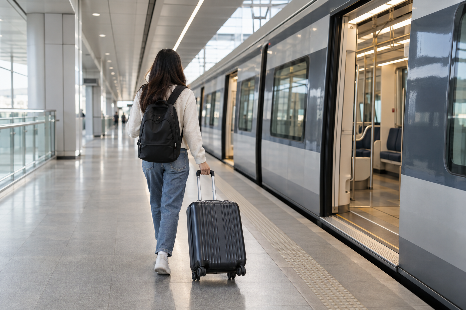 旅行者が空港鉄道に乗るイメージ